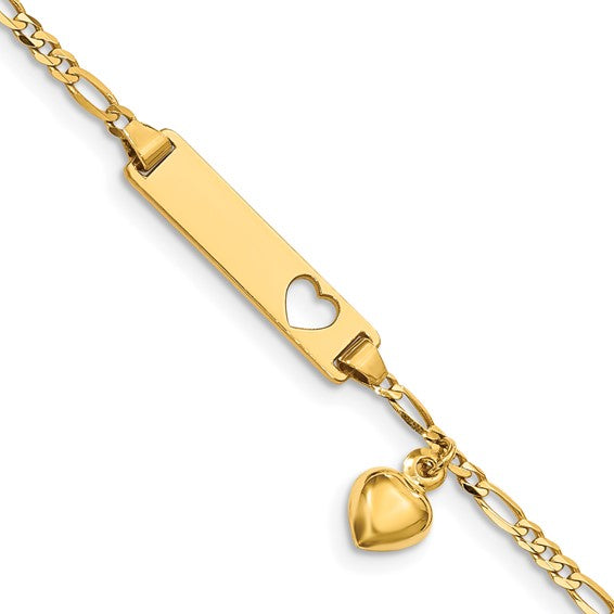 14k Children's Cut-Out Heart & Dangling Heart Figaro Link ID Bracelet