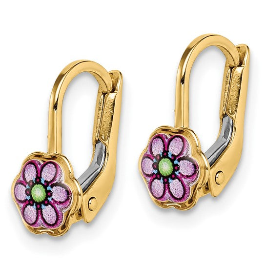 14k Enameled Flower Children's Lever-Back Earrings