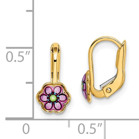 14k Enameled Flower Children's Lever-Back Earrings