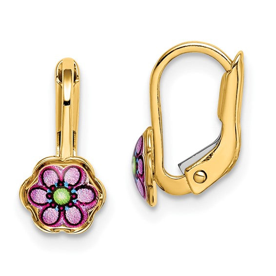 14k Enameled Flower Children's Lever-Back Earrings