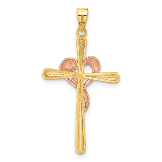 14k Tri-Color Gold Polished Cross & Heart Charm Pendant