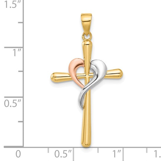 14k Tri-Color Gold Polished Cross & Heart Charm Pendant