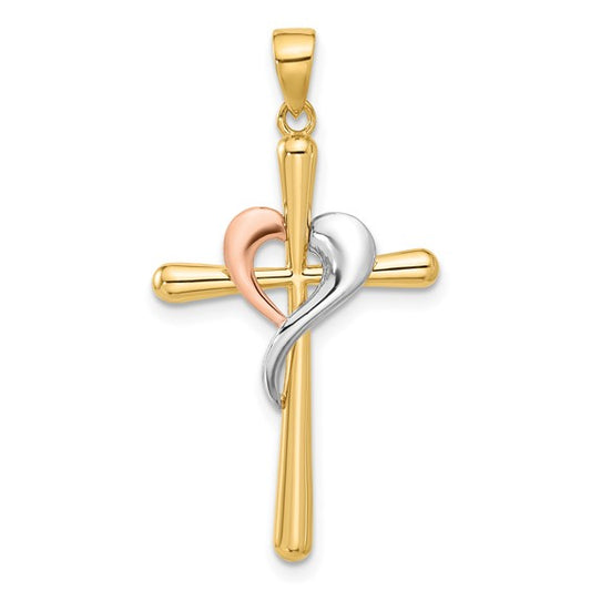 14k Tri-Color Gold Polished Cross & Heart Charm Pendant