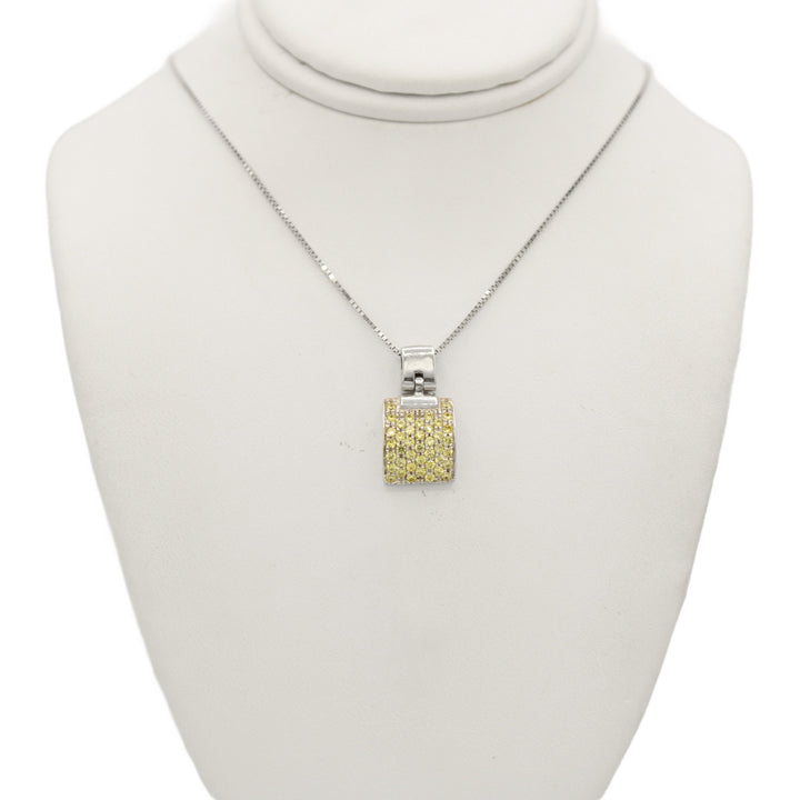 14k White Gold Yellow Citrine Pave Stone Pendant