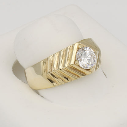 14k Yellow Gold Men's Grooved CZ Solitaire Ring