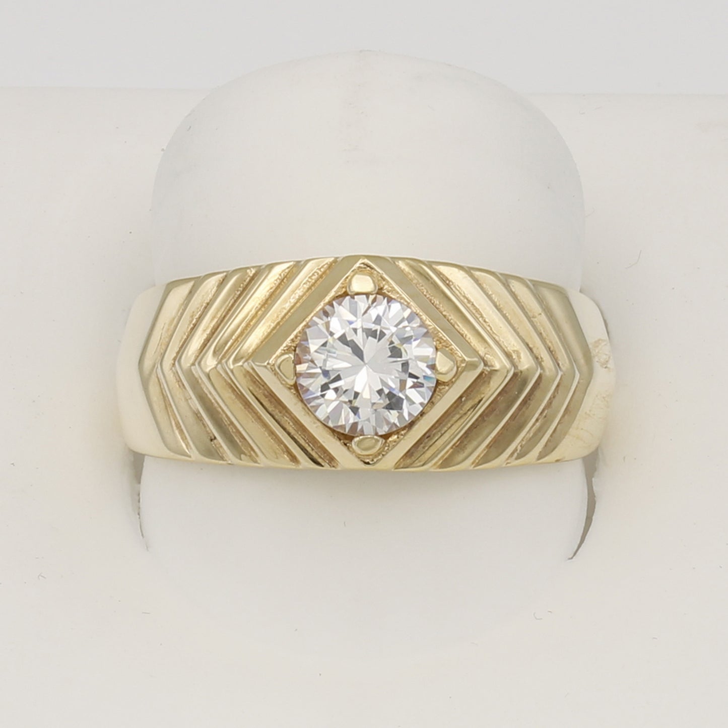 14k Yellow Gold Men's Grooved CZ Solitaire Ring