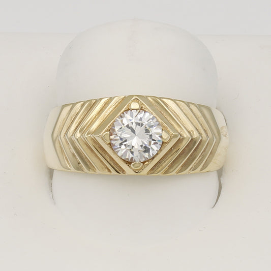 14k Yellow Gold Men's Grooved CZ Solitaire Ring