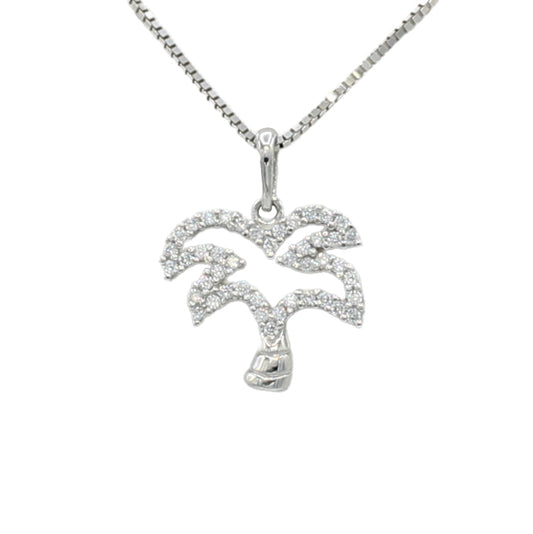 14k White Gold CZ Palm Tree Pendant