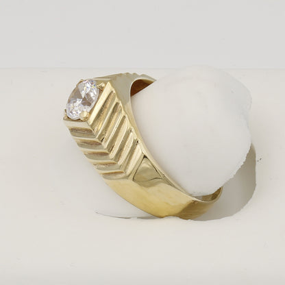 14k Yellow Gold Men's Grooved CZ Solitaire Ring