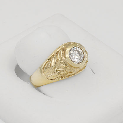 14k Yellow Gold Men's Etched Solitaire CZ Ring