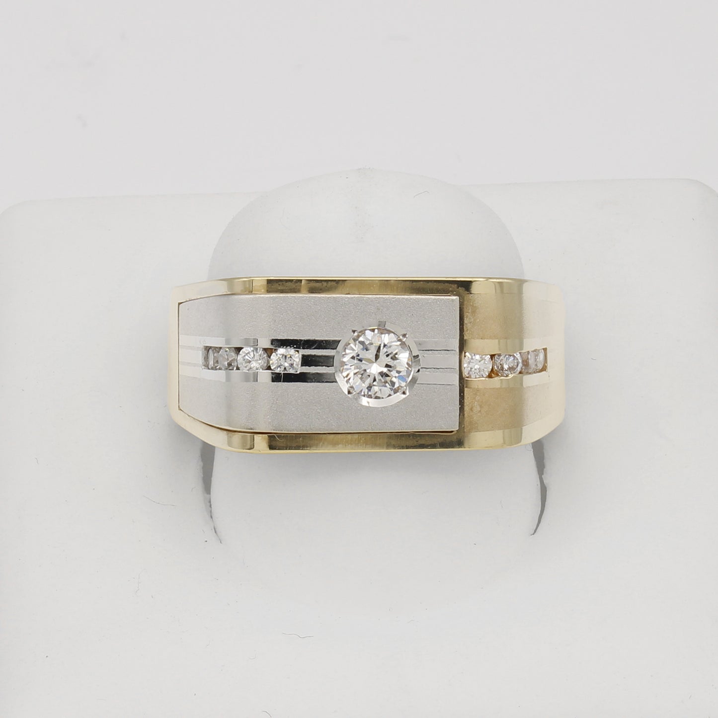 14k Two-Tone Gold Men's Polished & Brushed Solitaire CZ Ring