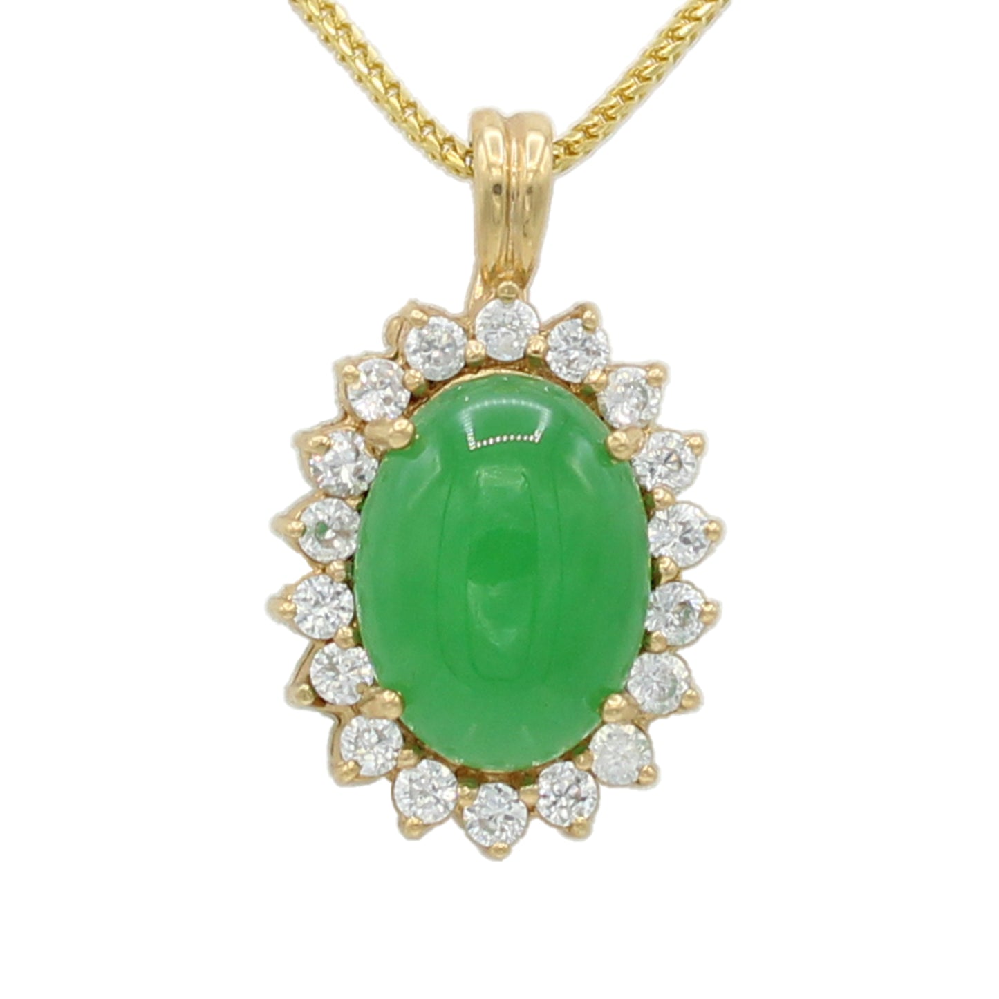 14k Yellow Gold CZ & Green Quartz Cabochon Sone Pendant