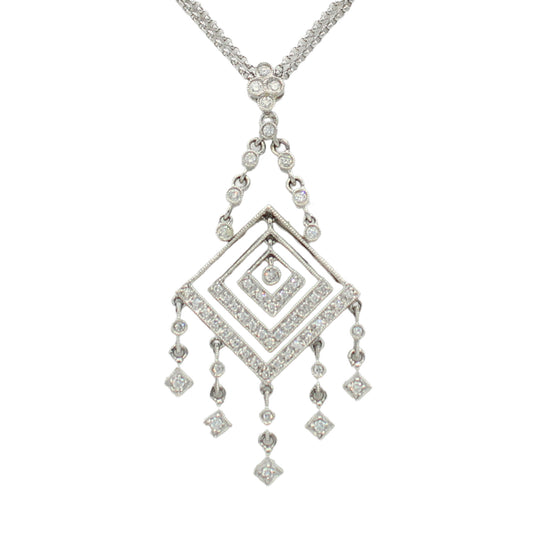 14k White Gold Double-Stranded Diamond Square Drop Necklace