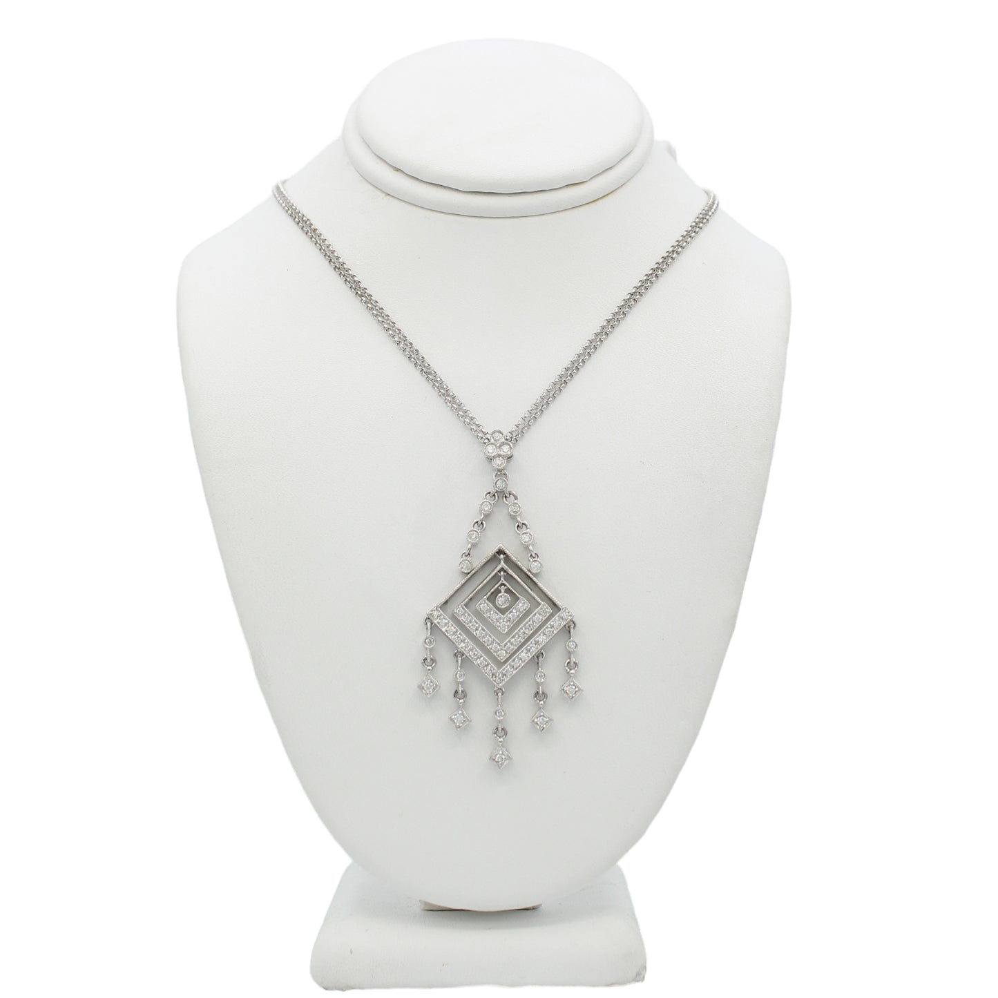 14k White Gold Double-Stranded Diamond Square Drop Necklace