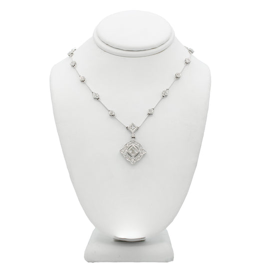 14k White Gold Princess-Cut Diamond Drop & Round Diamond Stationed Necklace