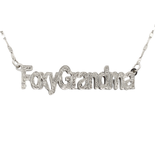 14k White Diamond "Foxy Grandma" Nameplate Necklace