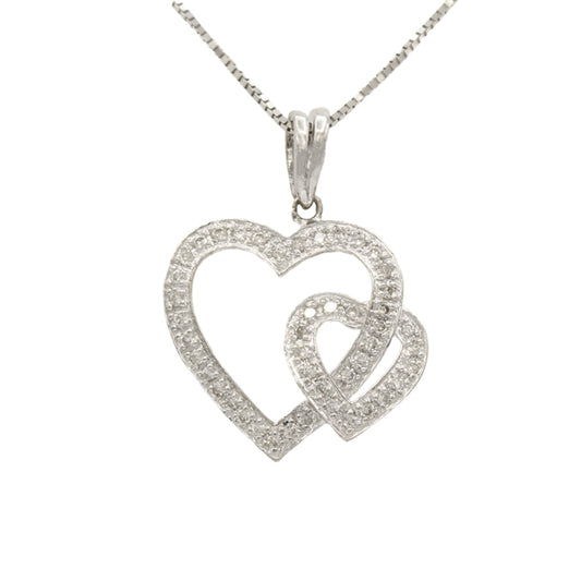 14k White Gold Diamond Double Heart Pendant