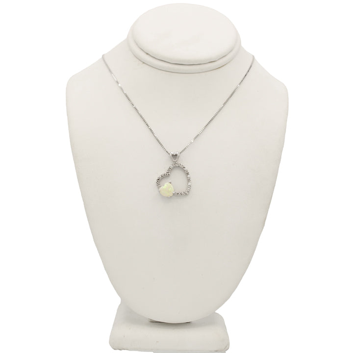 14k White Gold Diamond Heart w/ Opal Stone Pendant