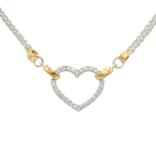 14k Two-Tone Double Stranded Chain Diamond Heart Necklace