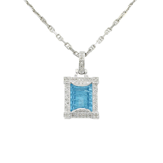 14k White Gold Diamond & Laser-Etched Blue Topaz Pendant