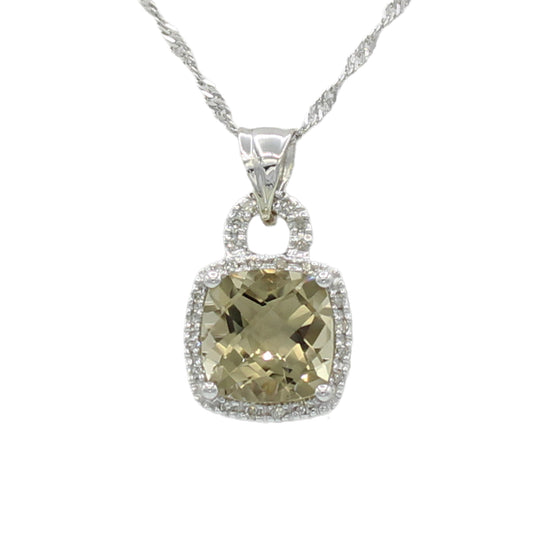 14k White Gold Diamond & Smoky Topaz Quartz Stone Pendant