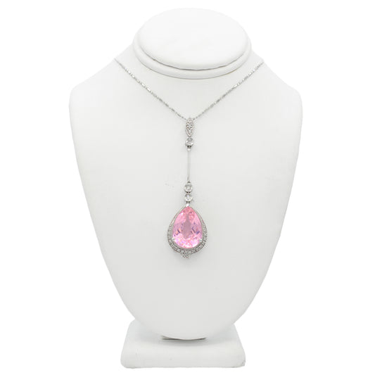14k White Gold Diamond & Pear-Shaped Pink Topaz Quartz Pendant