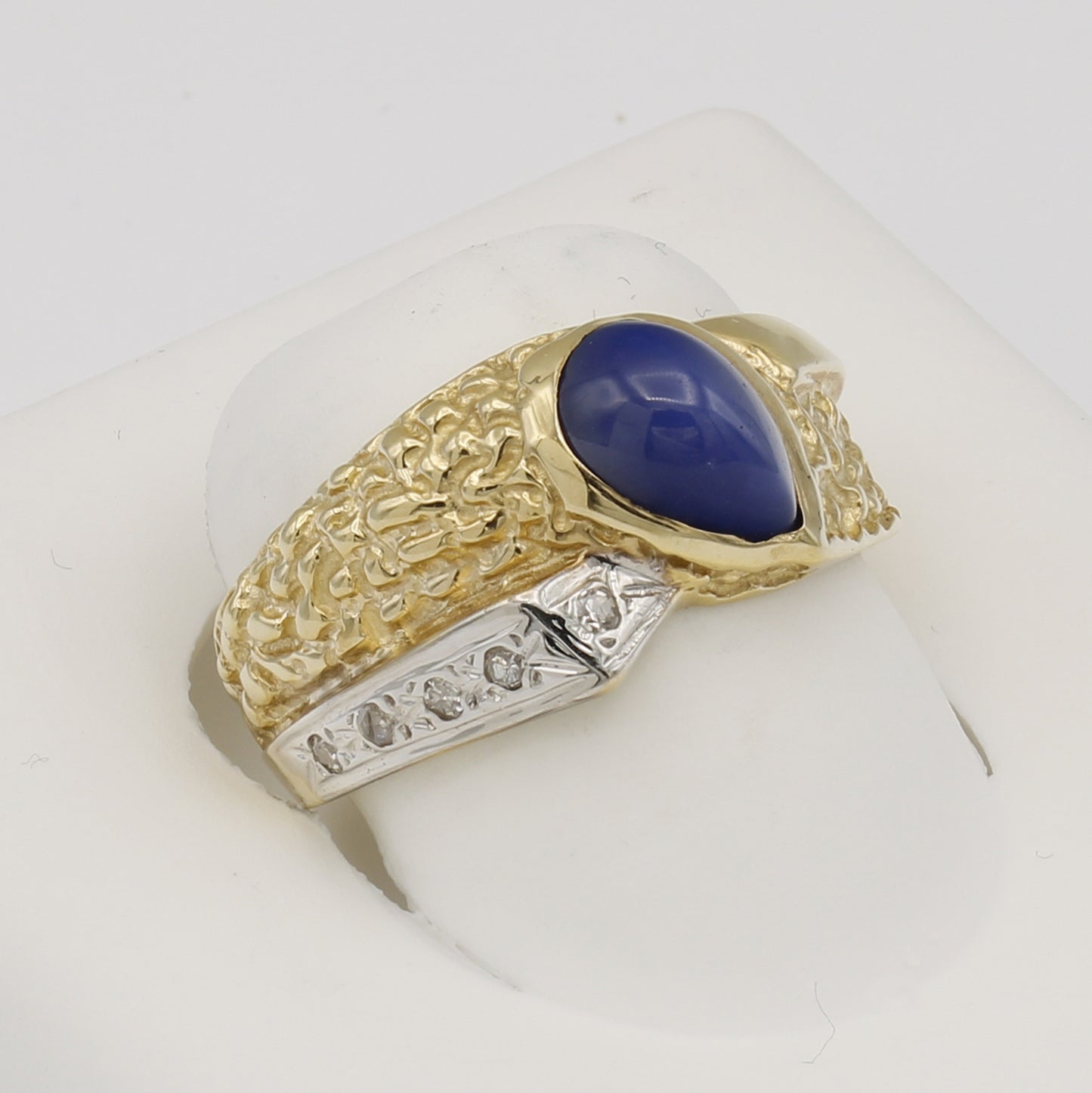 14k Yellow Gold Men's Pear Cabochon Star Sapphire Textured Diamond Ring