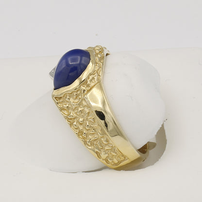 14k Yellow Gold Men's Pear Cabochon Star Sapphire Textured Diamond Ring