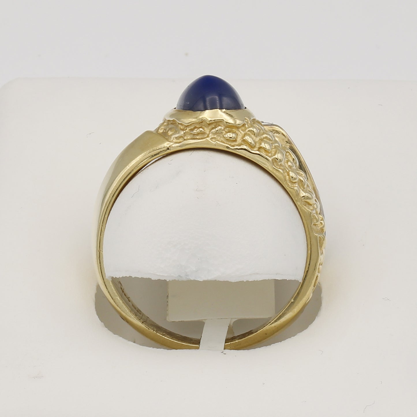 14k Yellow Gold Men's Pear Cabochon Star Sapphire Textured Diamond Ring