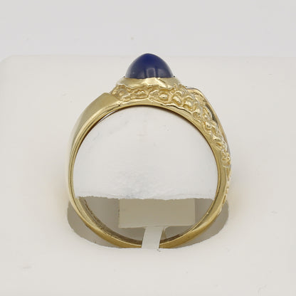 14k Yellow Gold Men's Pear Cabochon Star Sapphire Textured Diamond Ring