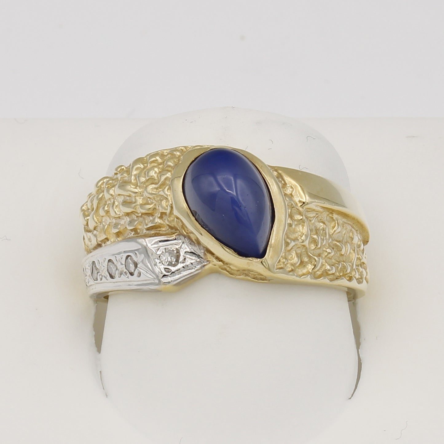 14k Yellow Gold Men's Pear Cabochon Star Sapphire Textured Diamond Ring