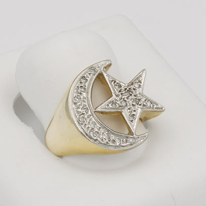 14k Yellow Gold Men's Moon & Star Diamond Ring