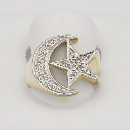 14k Yellow Gold Men's Moon & Star Diamond Ring