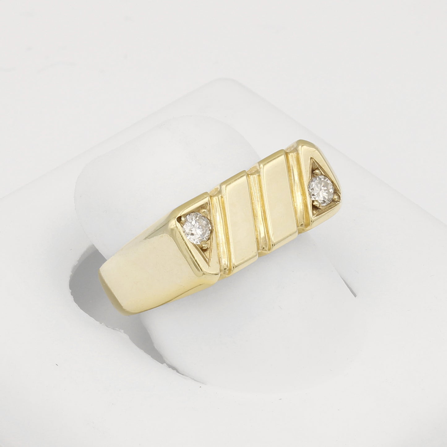 14k Yellow Gold Men's Polished Grooved Rectangular Diamond Ring