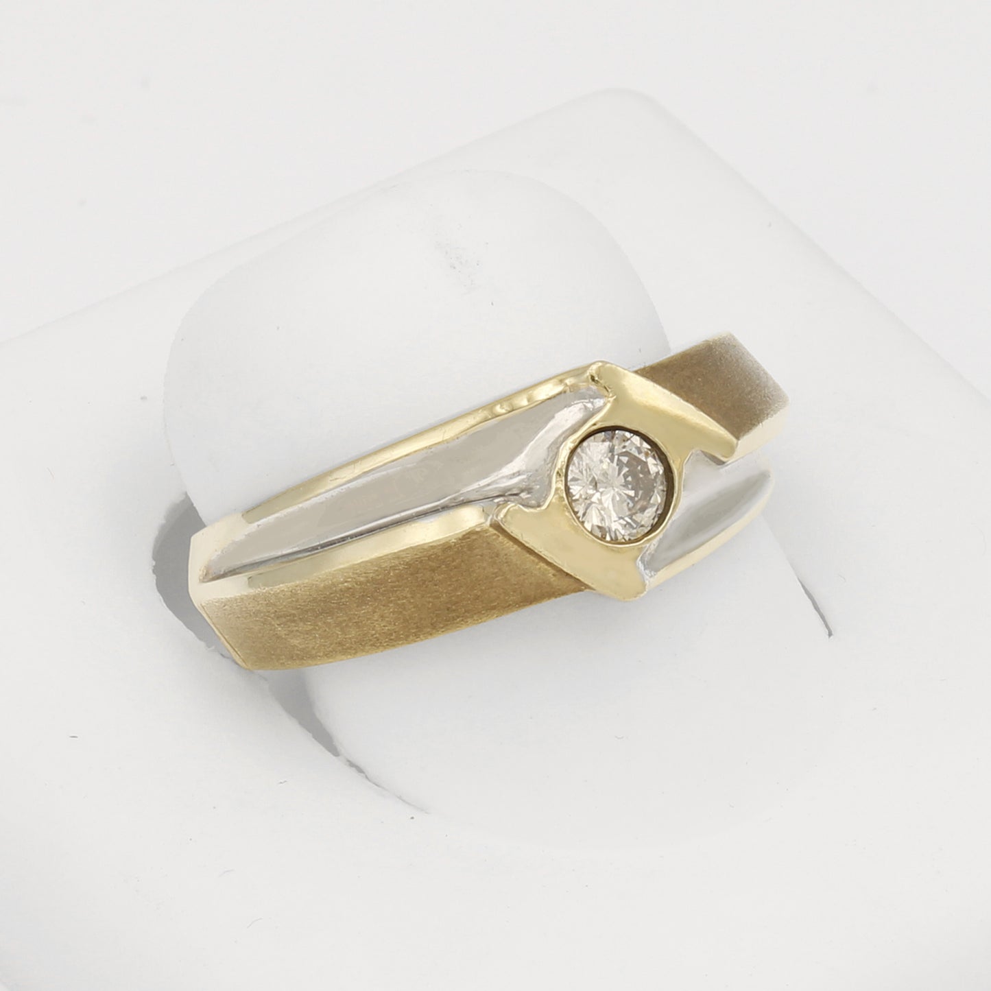 14k Yellow Gold w/ Rhodium-Plating Men's Brushed Solitaire Diamond Ring