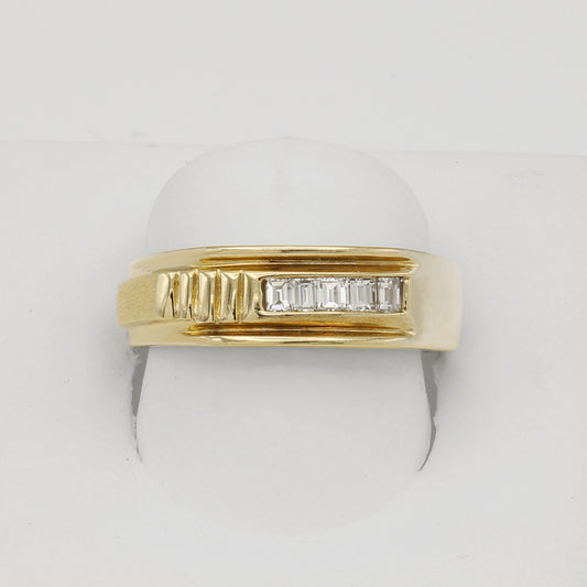 14k Yellow Gold Men's Grooved Channel Set Baguette Diamond Wedding Band