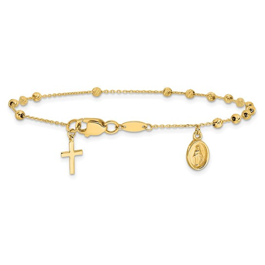 14k Yellow Gold Polished Miraculous Medal and Cross Rosary Bracelet - 7.5 Inches