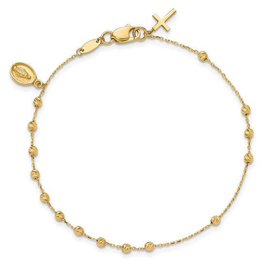 14k Yellow Gold Polished Miraculous Medal and Cross Rosary Bracelet - 7.5 Inches