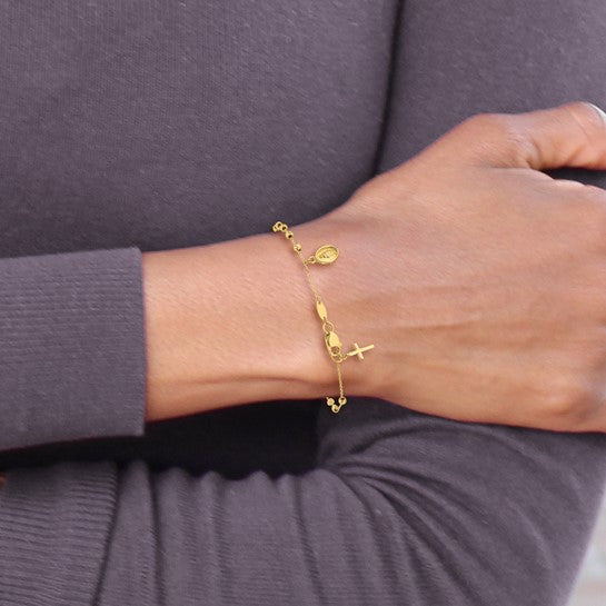 14k Yellow Gold Polished Miraculous Medal and Cross Rosary Bracelet - 7.5 Inches