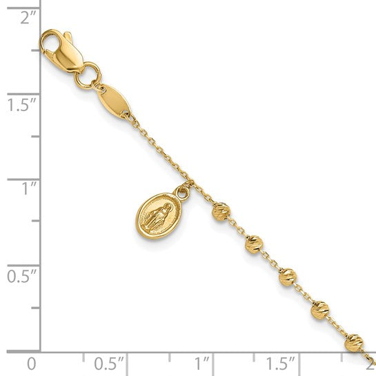 14k Yellow Gold Polished Miraculous Medal and Cross Rosary Bracelet - 7.5 Inches