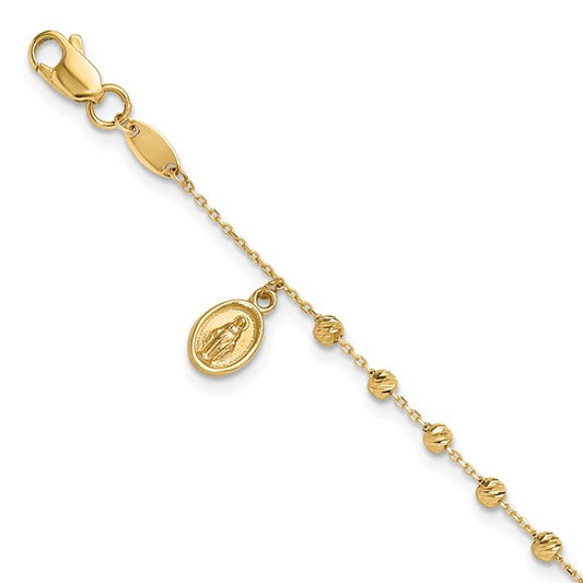 14k Yellow Gold Polished Miraculous Medal and Cross Rosary Bracelet - 7.5 Inches