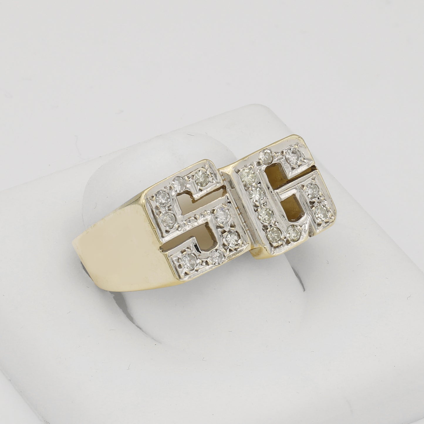 14k Yellow Gold & Rhodium-Plated Men's Large Angled Diamond "S G" Initial Ring