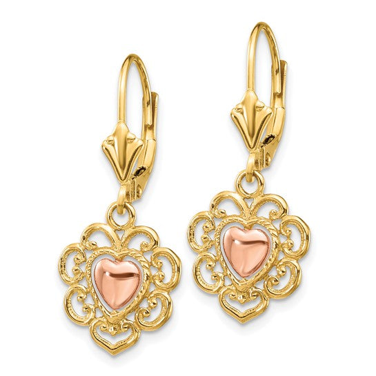 14k Two-Tone Gold Heart with Lace Trim Lever-Back Earrings