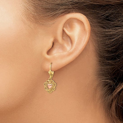 14k Two-Tone Gold Heart with Lace Trim Lever-Back Earrings