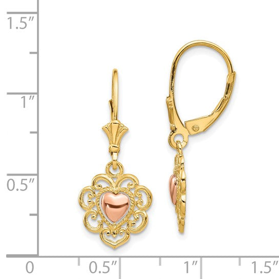 14k Two-Tone Gold Heart with Lace Trim Lever-Back Earrings