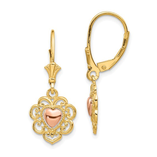 14k Two-Tone Gold Heart with Lace Trim Lever-Back Earrings