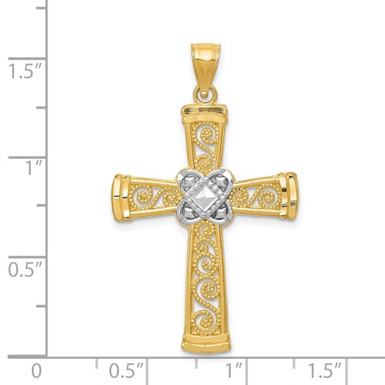 14k Two-Tone Gold Diamond-Cut Filigree Cross Pendant