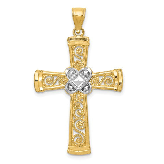 14k Two-Tone Gold Diamond-Cut Filigree Cross Pendant