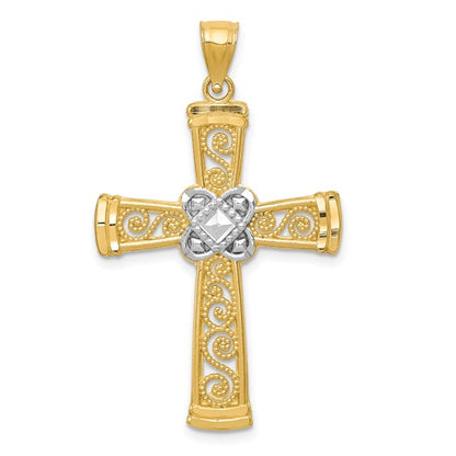 14k Two-Tone Gold Diamond-Cut Filigree Cross Pendant