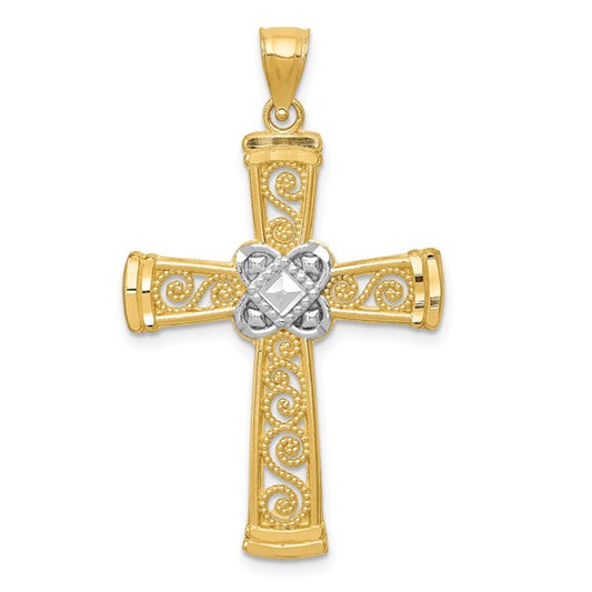 14k Two-Tone Gold Diamond-Cut Filigree Cross Pendant